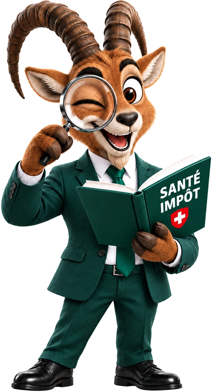 La mascotte de comparesimple.ch, un bouquetin en costume qui tient une loupe et un livre « Santé Impôt »